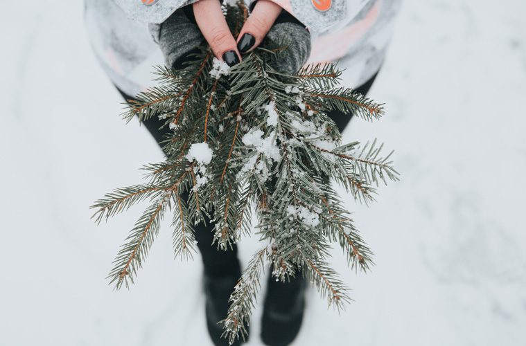 Woman holding Christmas tree branches with small amount of snow on them