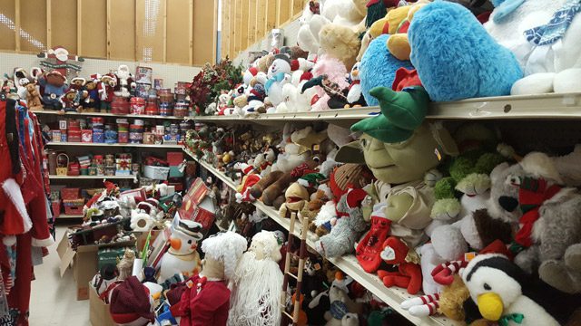 Stuffed Animals and Christmas Toys on Shelves