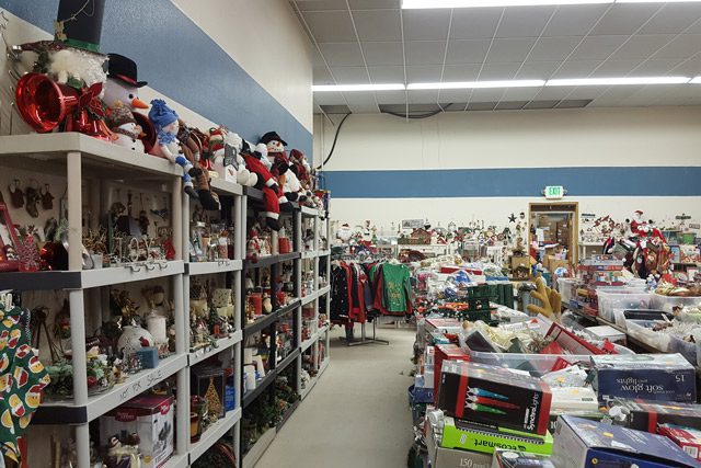 Shelves Full of Toys and Christmas Supplies